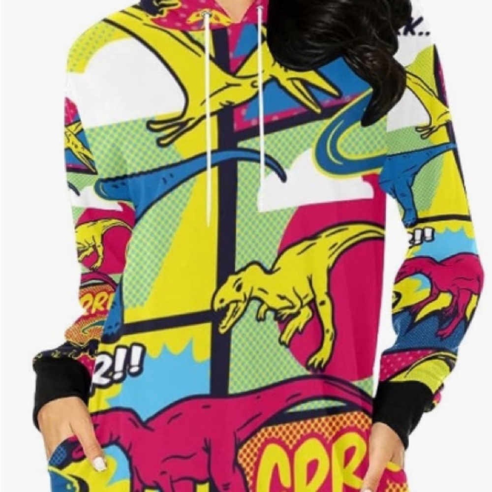 Dinosaur Hoodie Women’s Drawstring Long Sleeve Dress Size Medium New